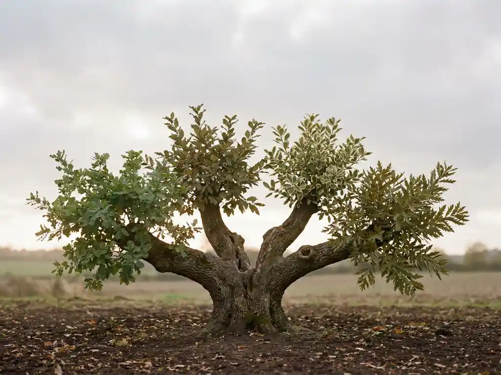Eikenboom met meerdere stevige takken vanuit één gedeelde stam, geworteld in rijke grond onder zacht bewolkt daglicht.