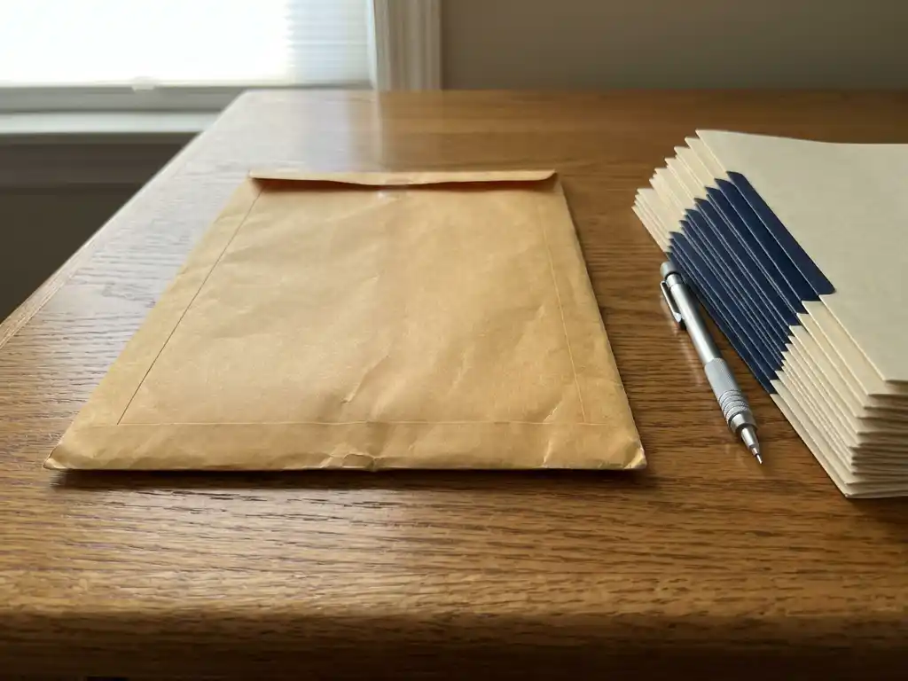 Verzegelde manila envelop op eikenhouten bureau naast officiële documenten en mechanisch potlood, zacht ochtendlicht.