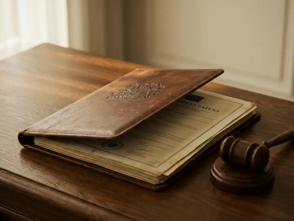 Leren juridische dossiermap op eikenhouten bureau met Europees octrooidocument en kleine houten hamer.