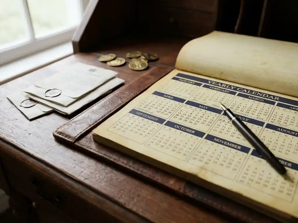 Versleten lederen bureaukalender met gouden munten, officiële documenten en een vulpen in zacht natuurlijk licht.