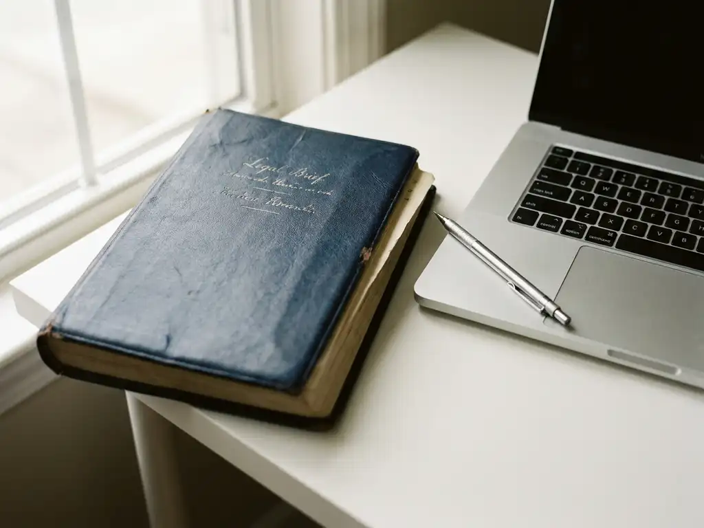 Leren juridisch document gedeeltelijk over een aluminium laptop, met een vulpotlood op een wit bureau in marineblauw en ivoor tinten.