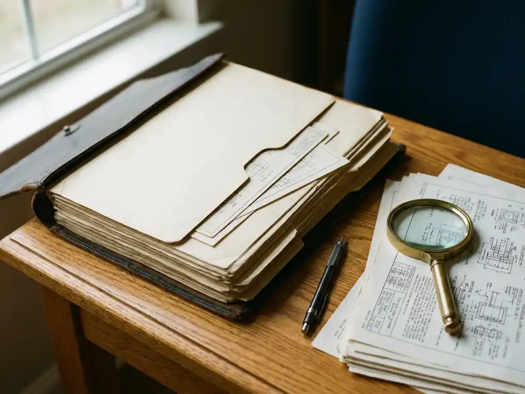 Open lederen juridische map op eikenhouten bureau met vergrootglas op technische documenten en mechanisch potlood.