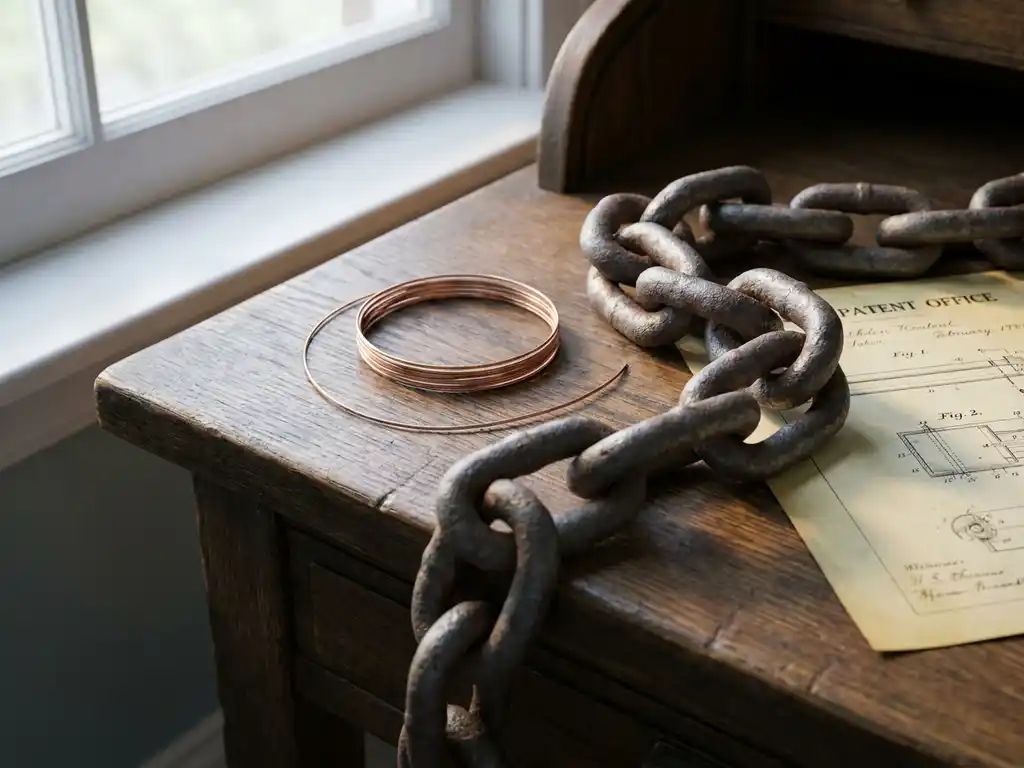 Zware ijzeren ketting naast dun metaaldraad op een eiken bureau, met een octrooidocument eronder, in warm amberkleurig licht.