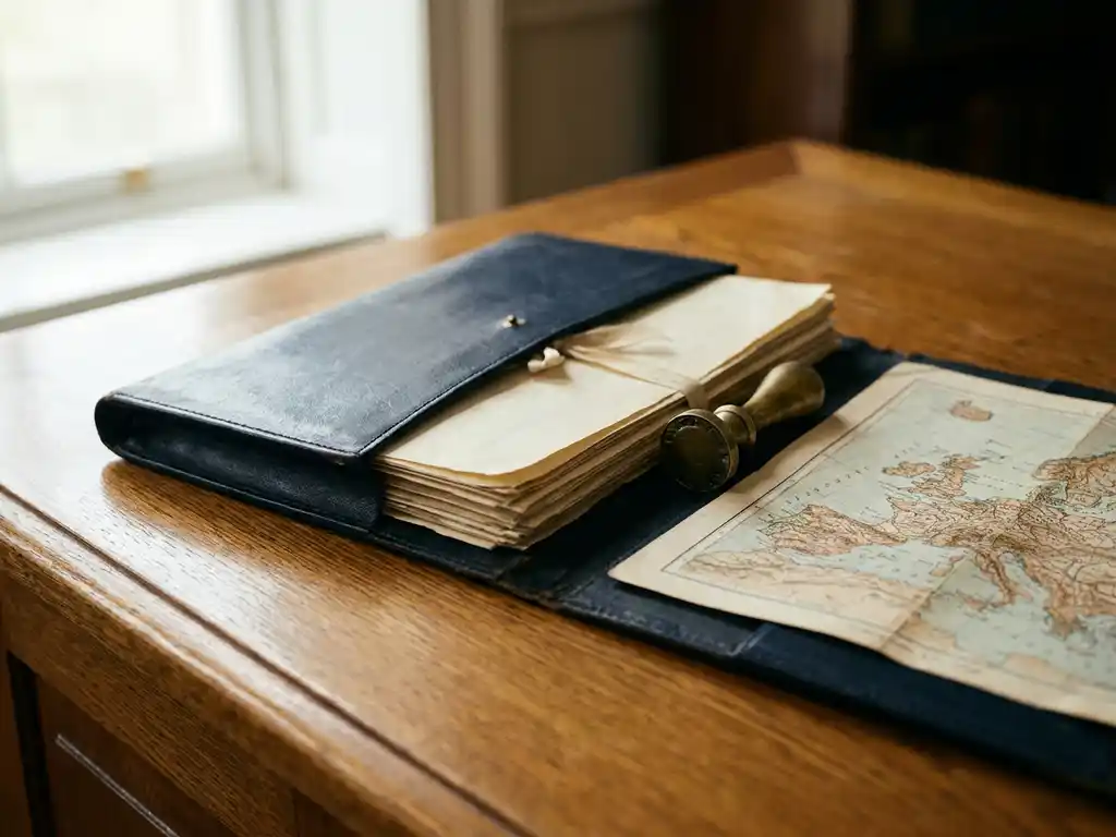 Versleten lederen documentmap op eikenhouten bureau met officieel zegelstempel, formele papieren en gedeeltelijk zichtbare Europakaart.