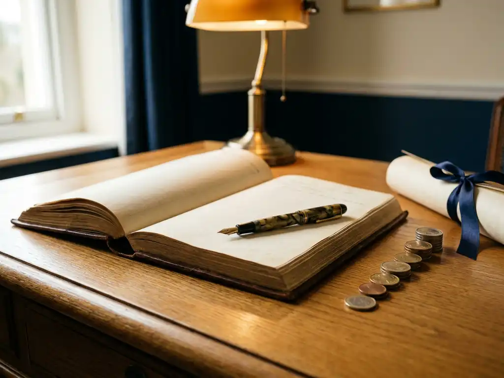 Opengeslagen leren kasboek op eiken bureau met vintage vulpen, gestapelde euromunten en opgerold officieel document met lint.