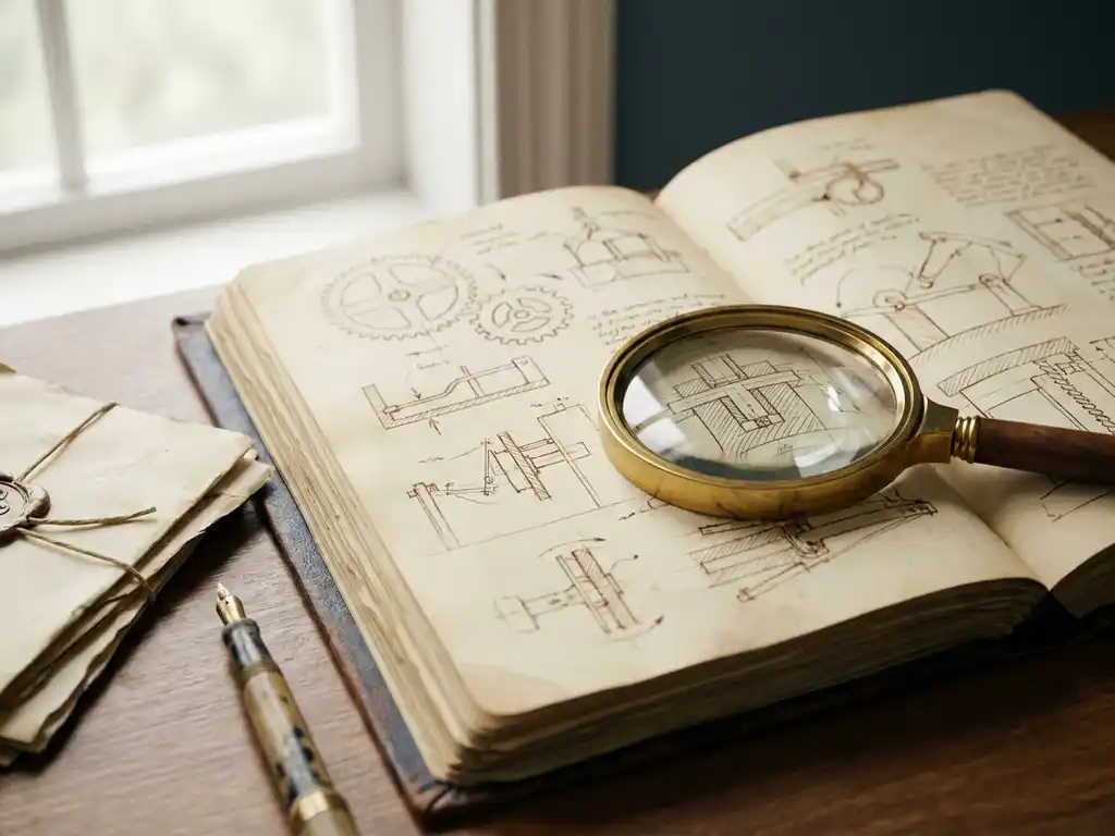 Vergeeld uitvindersnotitieblok met handgetekende mechanische schetsen, vergrootglas en patentdocumenten op bureau in warm amberkleurig licht.