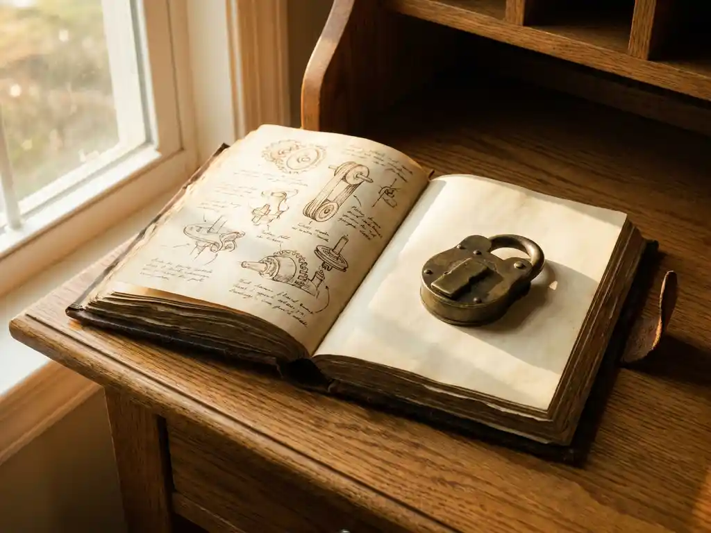 Versleten leren notitieboek met handgetekende uitvindingsschetsen en een messing hangslot, zacht middaglicht op een eikenhouten bureau.
