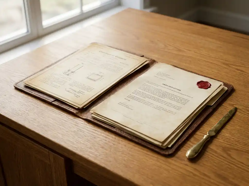 Versleten leren juridische map op eikenhouten bureau met octrooidocument, bezwaarbrief met officieel stempel en messing briefopener.