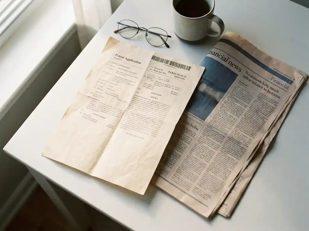 Verfrommeld octrooiaanvraagdocument naast een opengevouwen krant op een wit bureau, zacht ochtendlicht, bovenaanzicht.