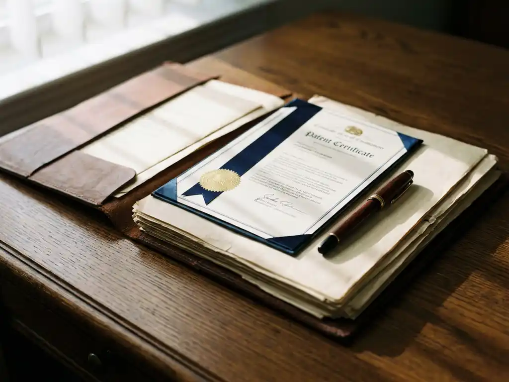 Leren taxatiedossier op eikenhouten bureau met officieel patentcertificaat en vulpen, zacht natuurlijk licht.