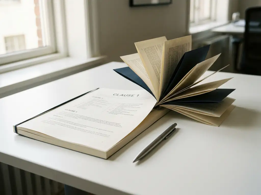 Patentdocument op wit bureau met papieren boom van ondergeschikte clausules, zilveren pen ernaast, zachte natuurlijke belichting.