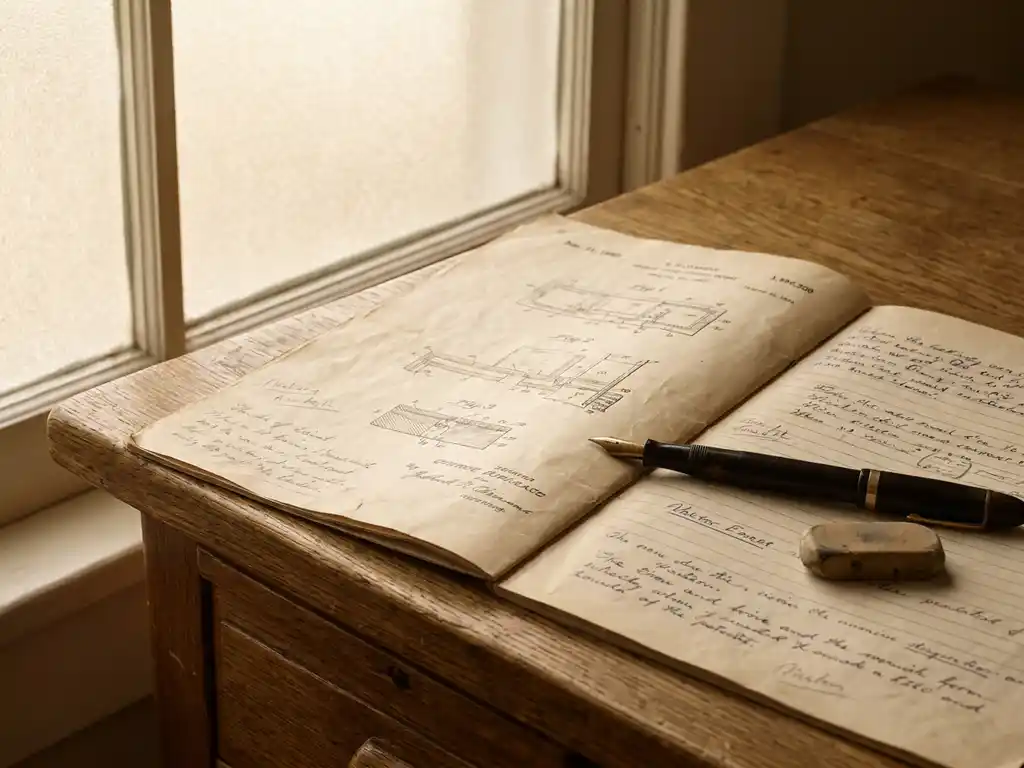 Verouderd patentdocument op eikenhouten bureau met vulpen, gum en handgeschreven annotaties in zachte middagbelichting.