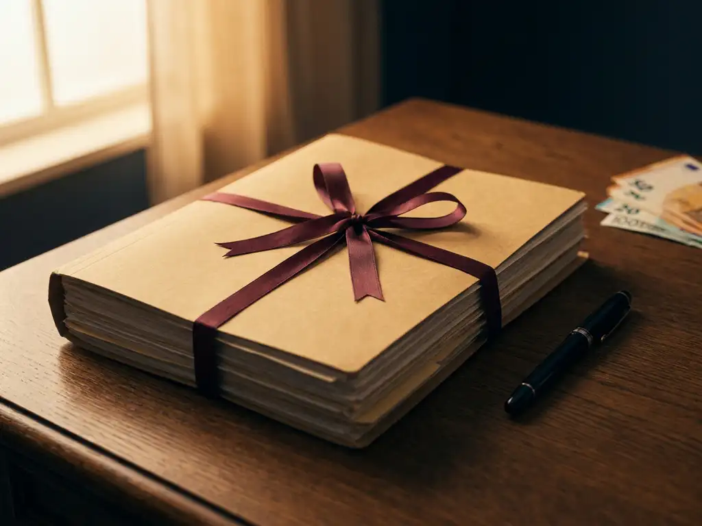 Octrooimap gebonden met bordeauxrood lint op eikenhouten bureau, vulpen ernaast, wazige eurobiljetten op de achtergrond.