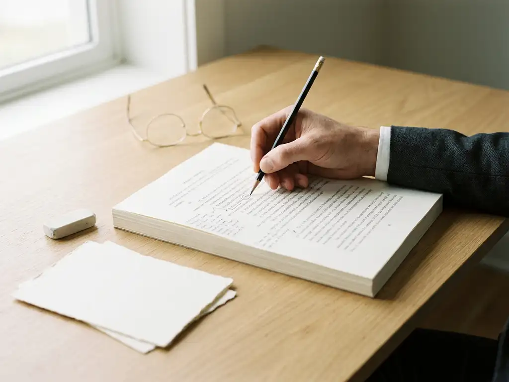 Octrooiadvocaat corrigeert met potlood een juridisch document op een licht eiken bureau, met gum en papieren stapel ernaast.