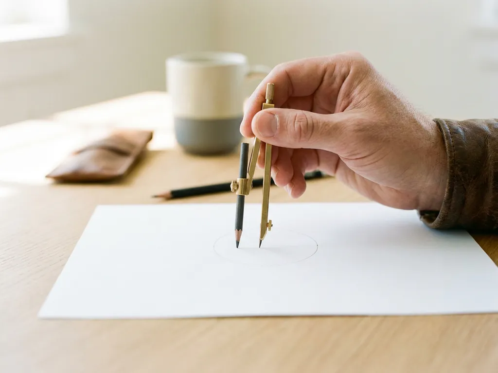 Patentadvocaat trekt een nauwkeurige cirkel met een passer op een wit document aan een eiken bureau.