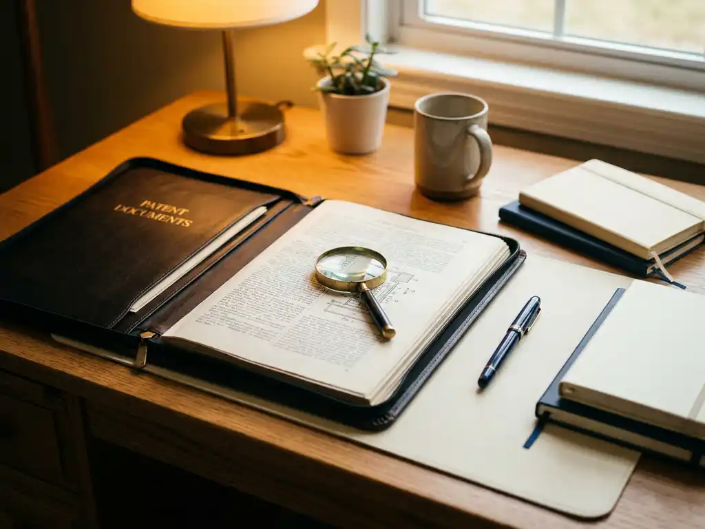 Open octrooiportfolio met vergrootglas op juridische tekst, vulpen en warm bureaulicht op een eiken bureau.