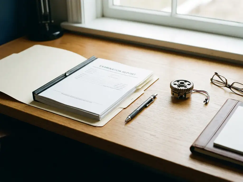 Formeel onderzoeksrapport op houten bureau naast mechanische pen en prototype component, zacht natuurlijk licht, professionele sfeer.