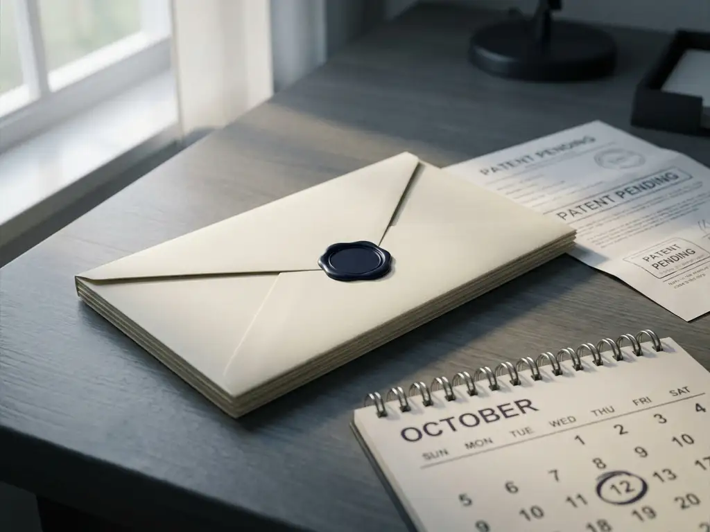 Verzegelde officiële envelop op bureau naast gepatenteerd document en kalender met omcirkelde datum, zacht natuurlijk licht.