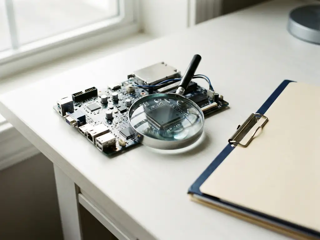 Uitvergrote microchip op een witte bureau naast een officieel documentmap, verlicht door zacht daglicht met ondiepe scherptediepte.