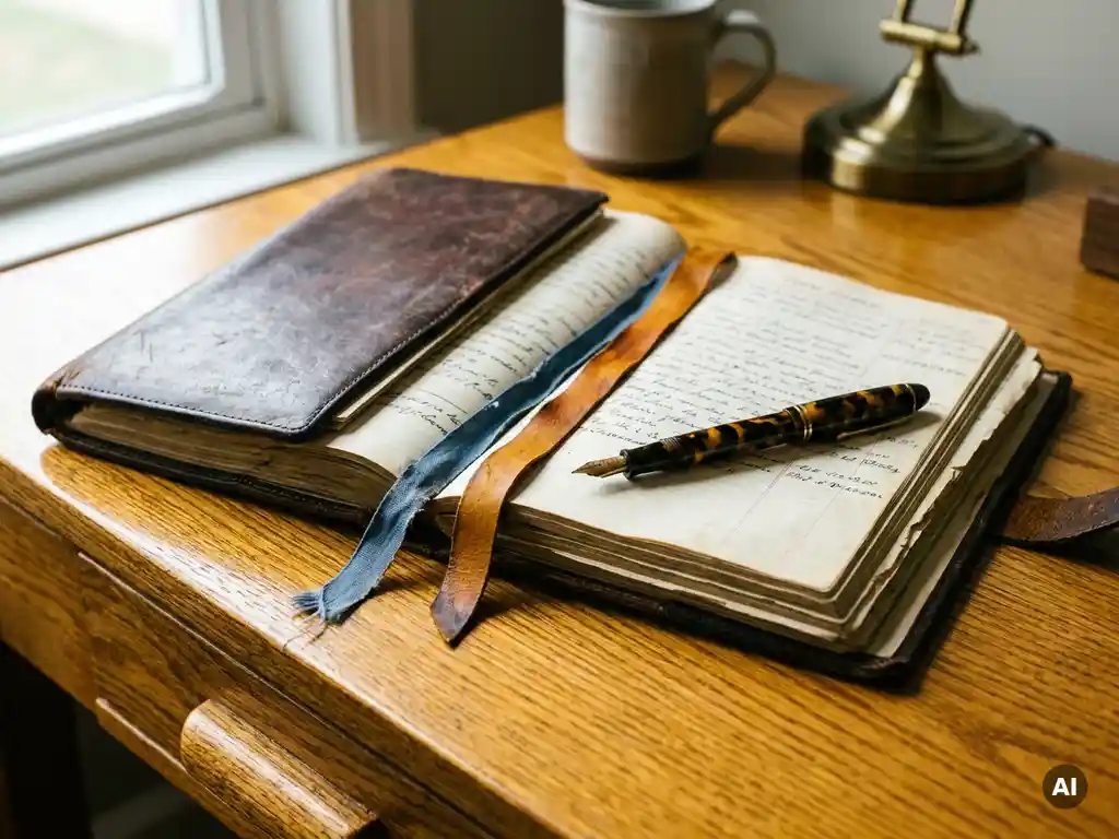 Versleten leren juridisch dagboek open op een gepolijst eikenhouten bureau, met twee bladwijzers en een vintage vulpen, in warm amberkleurig licht.