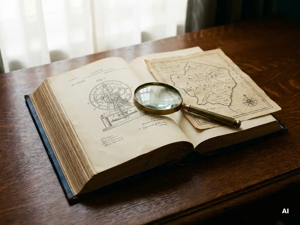 Open juridisch boek op eikenhouten bureau met mechanische patentttekening, territoriale kaart en vergrootglas in warm amberlight.