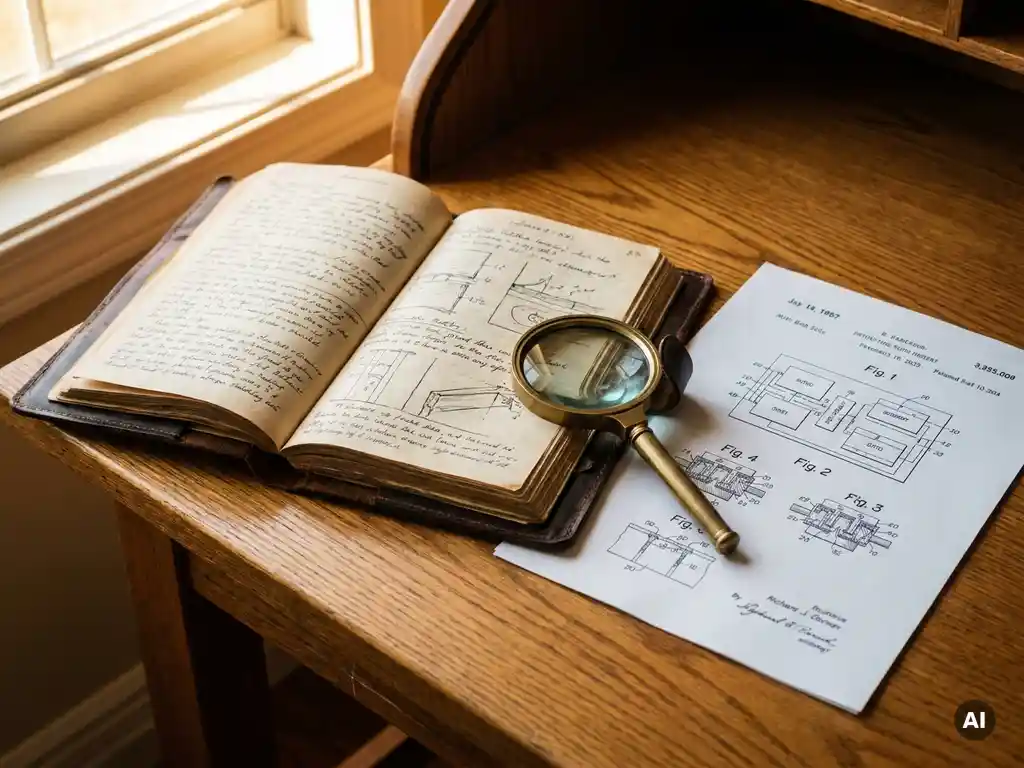 Verouderd leren archief naast een technisch patentdocument op eikenhouten bureau, met een messing vergrootglas dat beide overlapt.